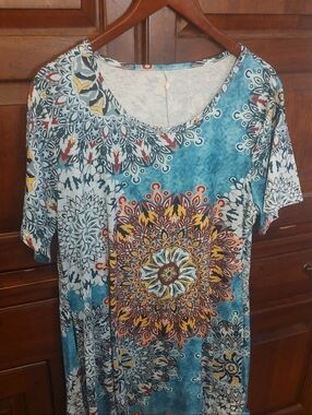 Teal Mandala Short Sleeve Women's Tee dress with pockets